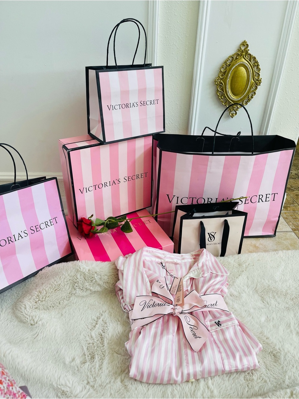 Victoria Secret Iconic Signature Pink Striped Satin Pajama Set - Light Pink - Picture 14 of 15